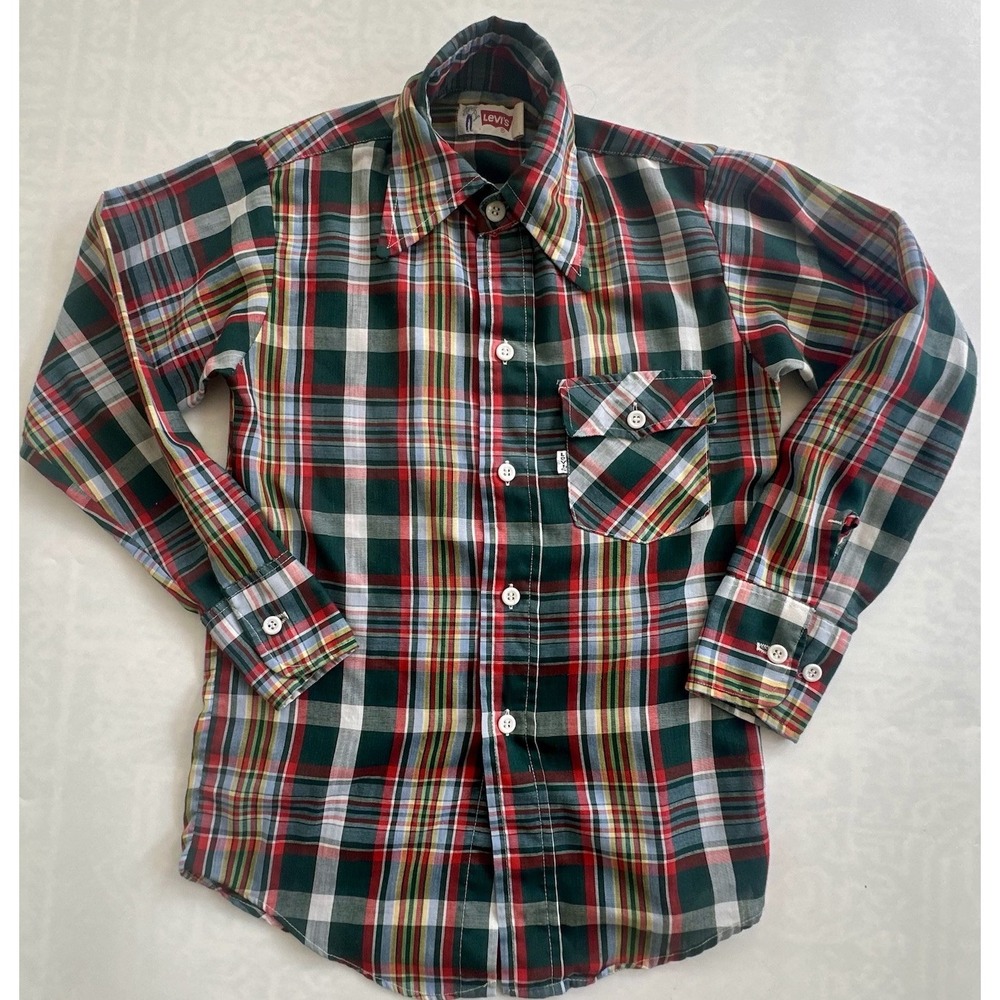 Vintage Kid's  Levi's Western Button Down Shirt Size 12 Multicolor Plaid 60s 70s